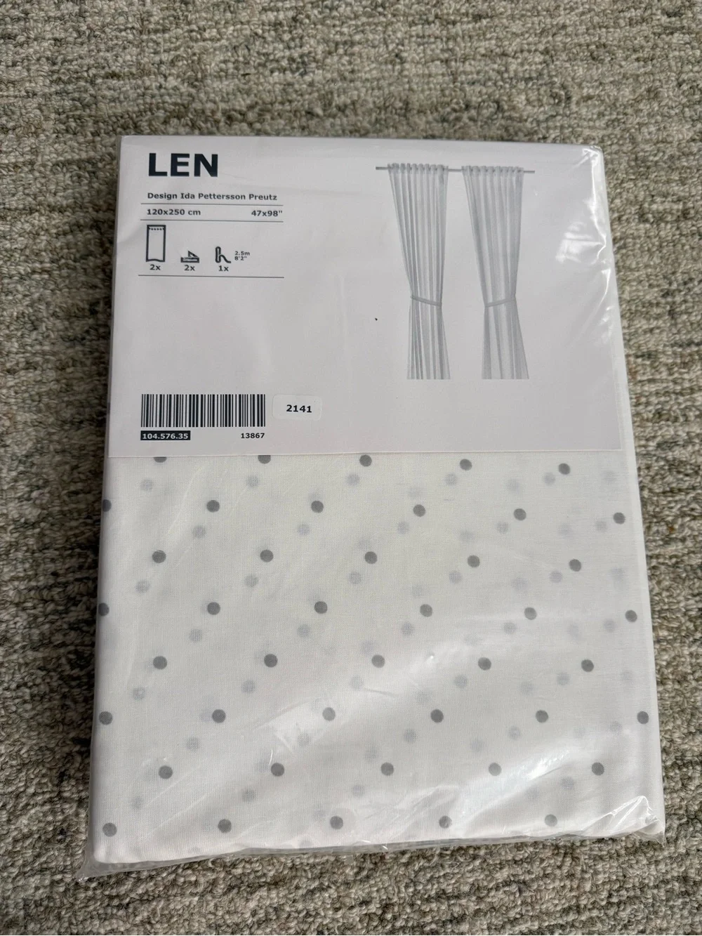 IKEA LEN Curtains with Tie-Backs Color: white with grey polka-dot NWT